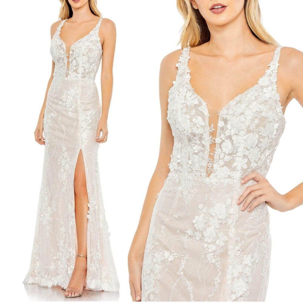 Mac Duggal 11331 Womens Size 12 White Floral Lace Up Corset Back Maxi Gown Dress